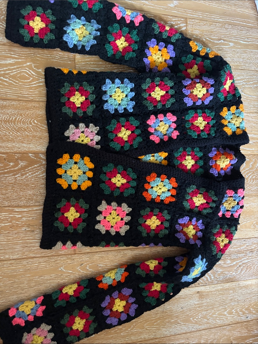 Handmade Black Multicolor Crochet Granny Square Sweater